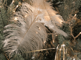 Geschmückter Christbaum mit Feder und Kugeln