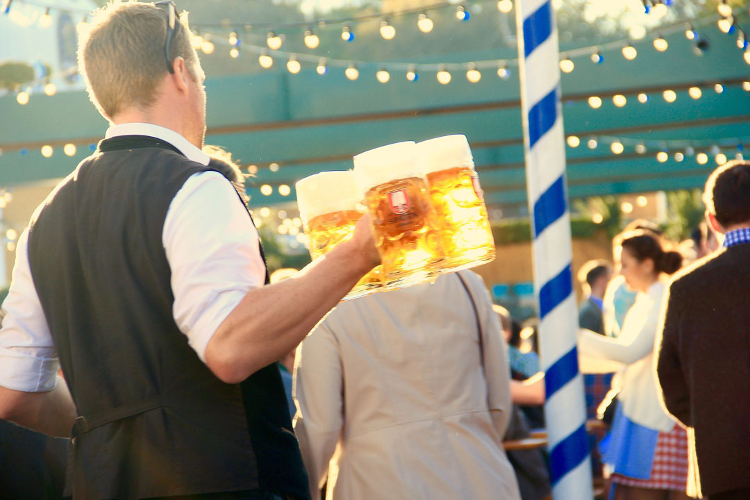 Die Bedinung am Münchner Oktoberfest bringt mehrere Maßkrüge Bier an den Tisch