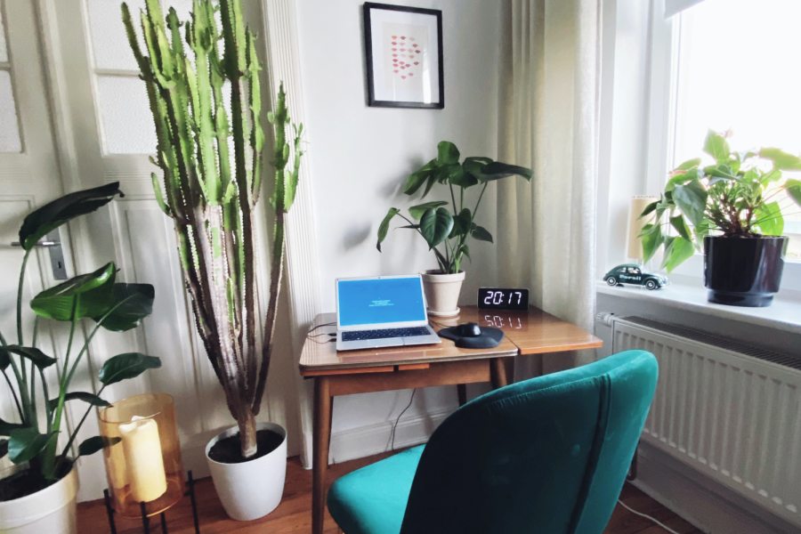 Homeoffice: Heimarbeitsplatz mit Schreibtisch, Laptop und Grünpflanzen